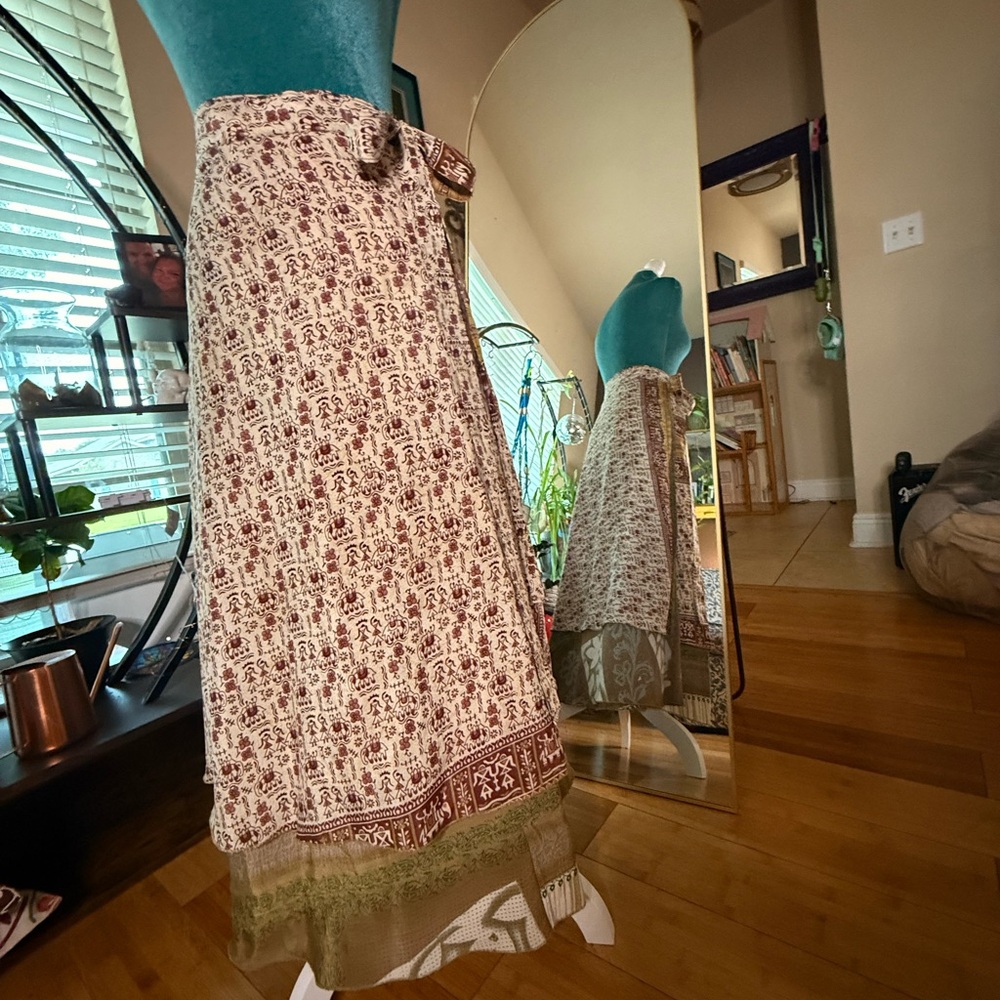 Boho Wrap Skirt – Burgundy & Olive Patterned with Gold Accents (Free Size)